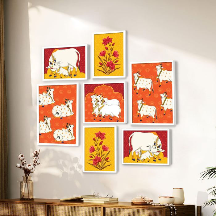 Art Street Set of 7 Indian Wall Art Print Cow with Flower Theme Framed Vintage Poster for Home (Size: 9.3x12.7, 13x13 & 12.7x17.5 Inch)