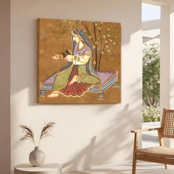 Mughal Miniature Wall Art Painting For Living Room, Rajasthani Traditional Indian Lady Playing Drum Under Tree, Stretched Canvas wall Art Poster for Living Room, Office & Home Decor (56xx56 cm)