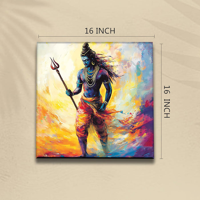 Abstact Art Walking Lord Shiva Wall Decor Print Multicolor | Canvas Painting Stretched on Wood | Suits For Mandeer (16x16 Inch)