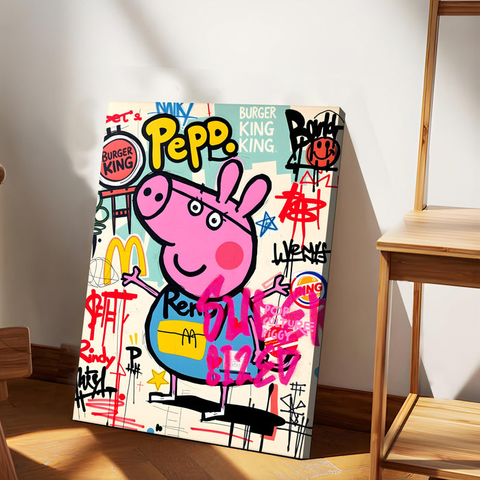 Cartoon Pig Graffiti Stretched Canvas Painting Print | Pop Art Street Style Wall Décor | Modern Abstract Canvas Art for Home & Office, 41x56 cm
