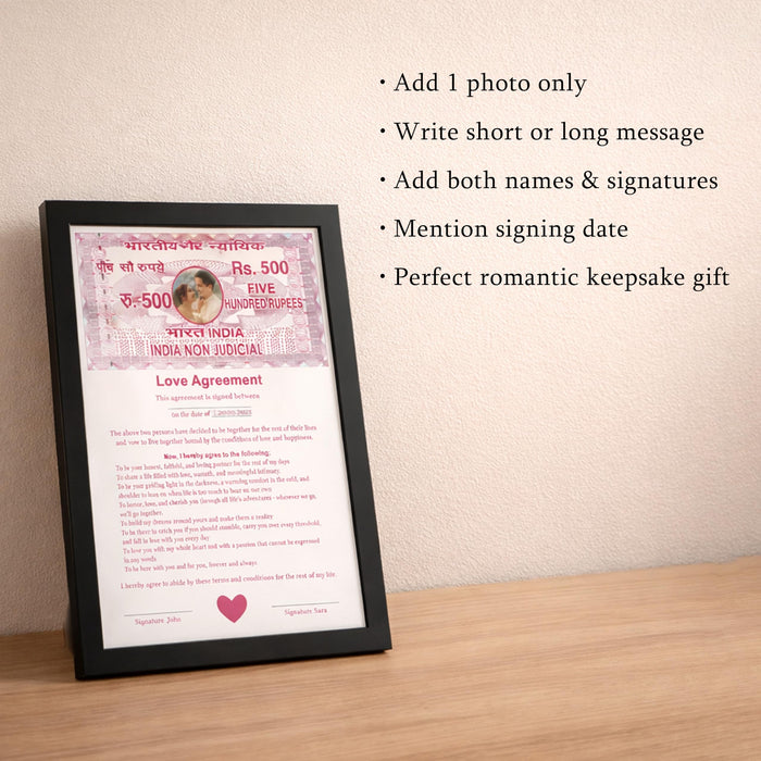Customized Love Contract Photo Frame Non-Judicial Stamp Paper Love Agreement Certificate Romantic Couple Gift Valentine’s Day Anniversary Gift for Husband Girlfriend Boyfriend 22x32 cm