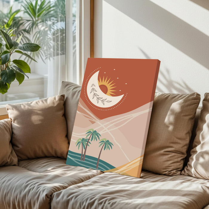 Abstract Desert Moon Stretched Canvas Wall Art Modern Boho Illustration Painting for Home & Office Wall Decor, (16x22 Inch)