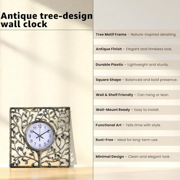 Bronze Vintage Tree Wall Clock Square Antique Design, Nature-Inspired Tree Motif Frame, Rust-Free, Lightweight Durable Plastic, Wall & Shelf Mountable  24x24 cm