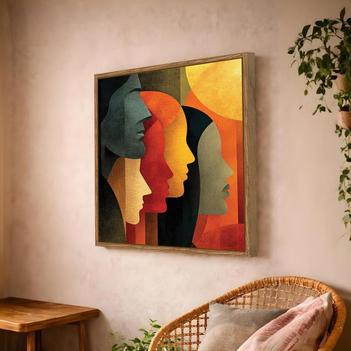 Abstract Faces Figurative Framed Painting For Living Room | Modern Woman Portrait Large Canvas Painting With Frame Wall Art For Bedroom, Hallway's, Office, Hotel, Size 58x58 cm