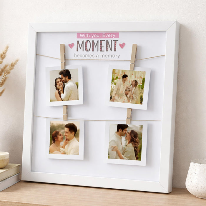 SNAP ART Photo Hanging Display with Clips, Personalized Wooden Photo Frame for Couple Memories, Valentine’s Day Gift for Girlfriend Boyfriend Spouse, Romantic Wall Photos Frame, 32x32 cm