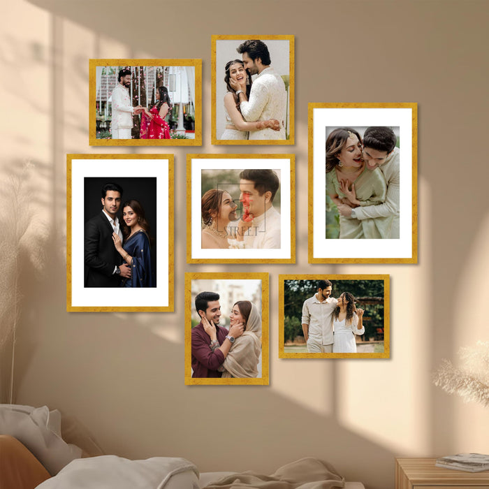 Art Street Photo Frame Set of 7 Gold Wall Decor Collage Display Hanging Family Picture Frames Gallery Collection Decor Items Wall Mount Frames Birthday Anniversary Gift, 8x12, 12x12 and 12x16 In