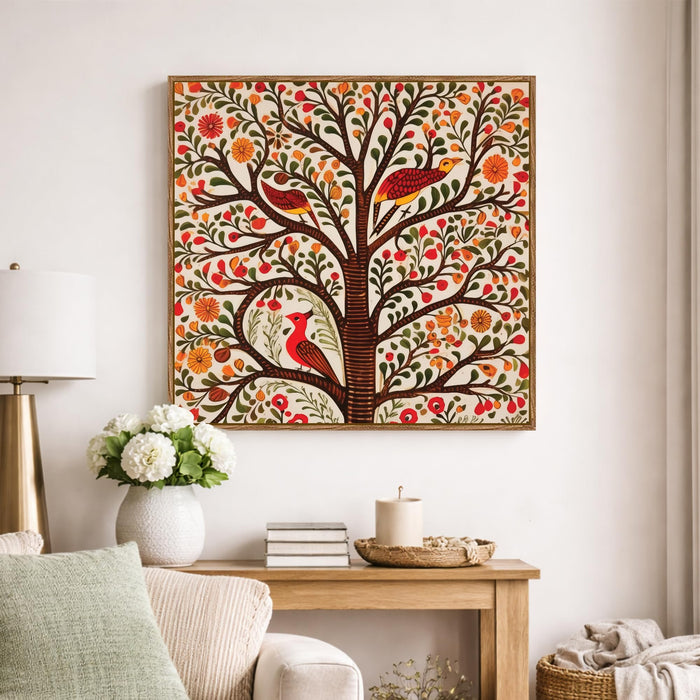 Madhubani Tree of Life Framed Painting For Living Room | Indian Folk Tree and Birds Large Canvas Painting With Frame Wall Art For Bedroom, Hallway's, Office, Hotel, Size 58x58 cm