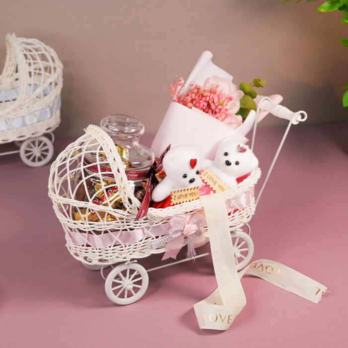 Gift Hamper Wicker Trolley, Mini Doll Stroller Shape Flower Basket/Gift Presenter, Organizer for Home and Table Décor (9x12 Inch)