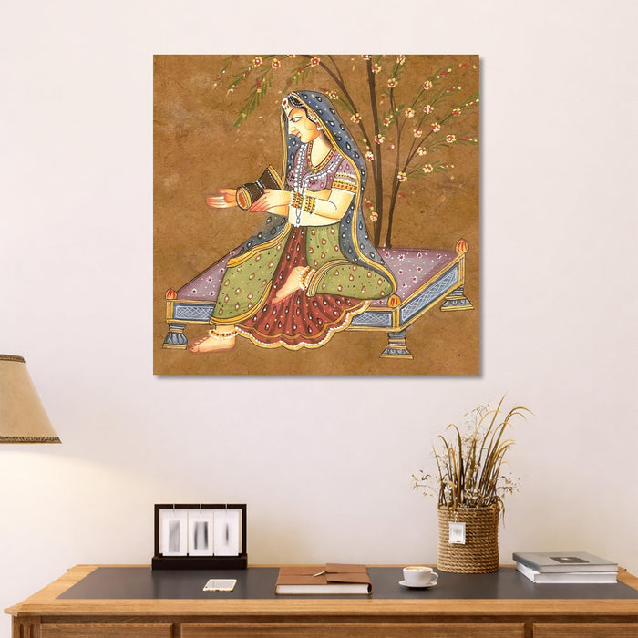 Mughal Miniature Wall Art Painting For Living Room, Rajasthani Traditional Indian Lady Playing Drum Under Tree, Stretched Canvas wall Art Poster for Living Room, Office & Home Decor (56xx56 cm)