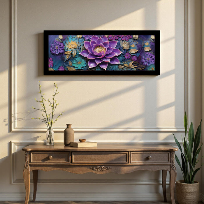 Blue Lotus Flower Vastu Wall Art Framed Luxury Paintings for Home Decoration, Living room, Bedroom and Office Decoration (99x38 CM)