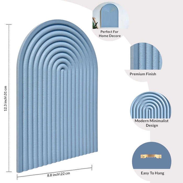 Boho Wall Hanging - Blue Ribbed Textured Blue Arched Wooden Décor, Boho, Wooden Wall Hanging – 22x31 cm