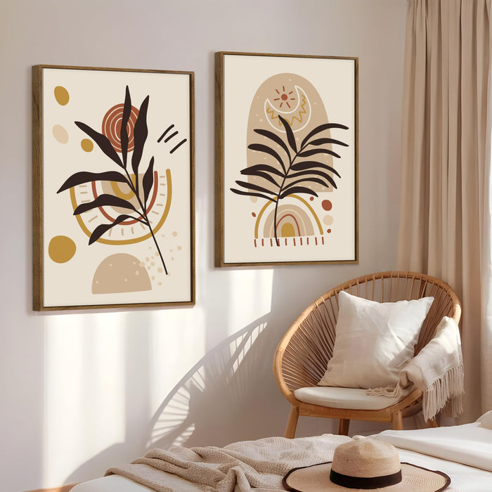 Boho Leaf Flower Moon and Sun Canvas Wall Painting Bohemian Large Wall Art Painting for Living Room Decoration, Stylish Large Wall Art Print for Wall Decor (Set of 2, 58x89 cm)