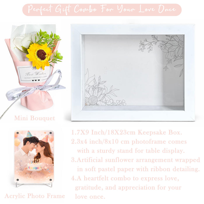 Mother's Day Flower Gift Box for Memories with Flower Bouquet and Fridge Magnet, Beautiful Moments in a Shadow Box, for rakshabandhan, Anniversary Gifting, Elegant Home Decor Display (Size: 18x23 cm)