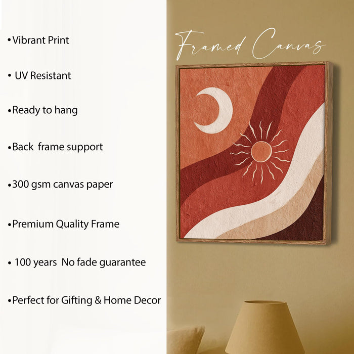Boho Sun Moon Framed Painting For Living Room | Abstract Desert Large Canvas Painting With Frame Wall Art For Bedroom, Hallway's, Office, Hotel, Size 58x58 cm