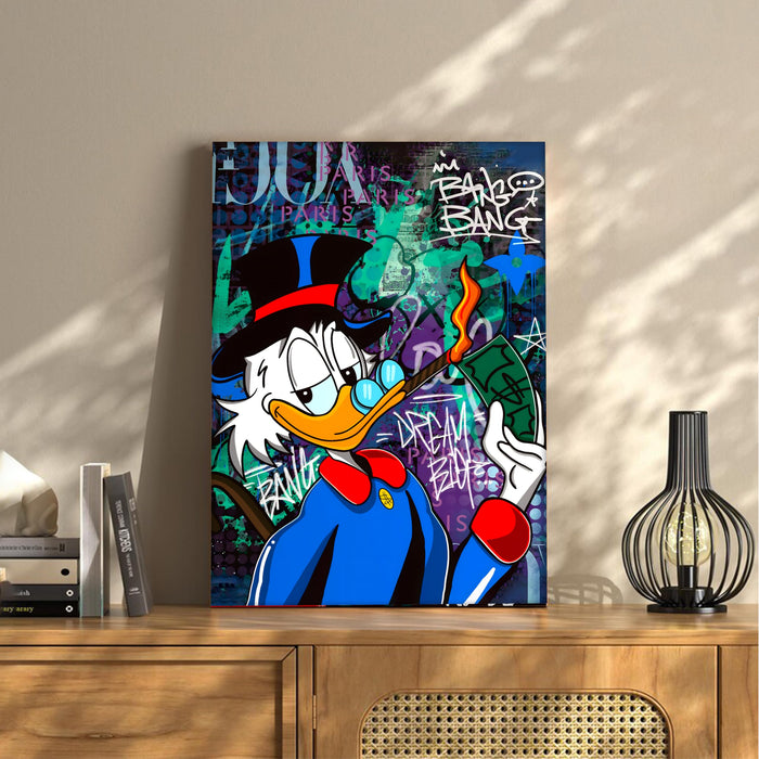 PAINTINGMANTRA Money & Success Pop Art Canvas Print, Street Style Millionaire Duck Cash, Modern Urban Decor for Office & Man Cave, Canvas print Ready to Hang - 41x56 cm