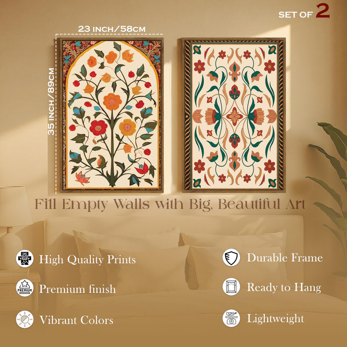 Mughal Floral Motifs Canvas Indian Large Wall Art Painting for Living Room Decoration, Stylish Large Wall Art Print for Wall Decor (Set of 2, 58x89 cm)