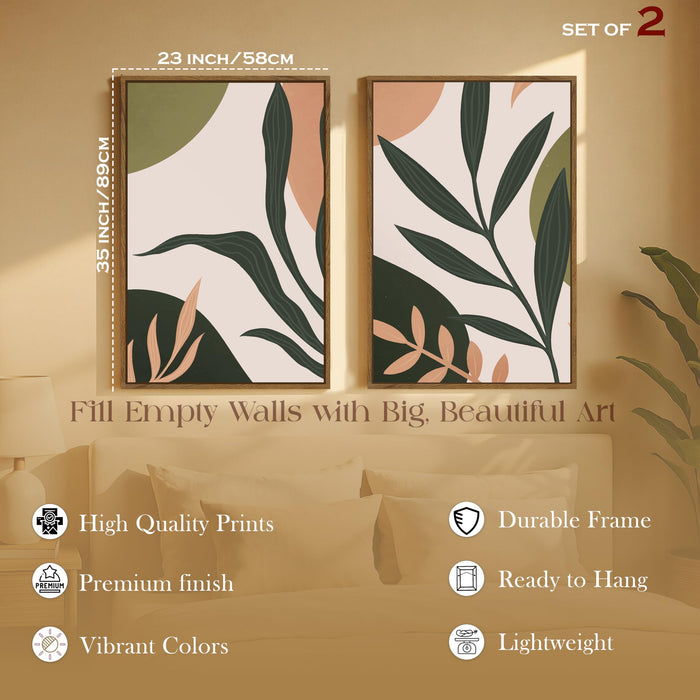 Boho Leaf Flower Canvas Wall Painting Bohemian Large Wall Art Painting for Living Room Decoration, Stylish Large Wall Art Print for Wall Decor (Set of 2, 58x89 cm)