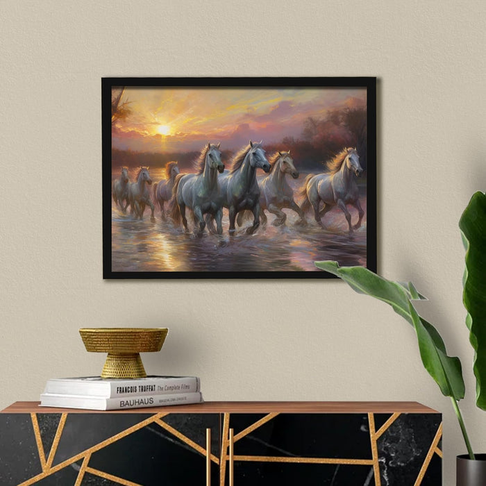 Abstract Wall Art Eight Running Horses Vastu Feng Shui Multicolor | Digital Painting Framed with Engineered Wood Frame (17x23 Inch)