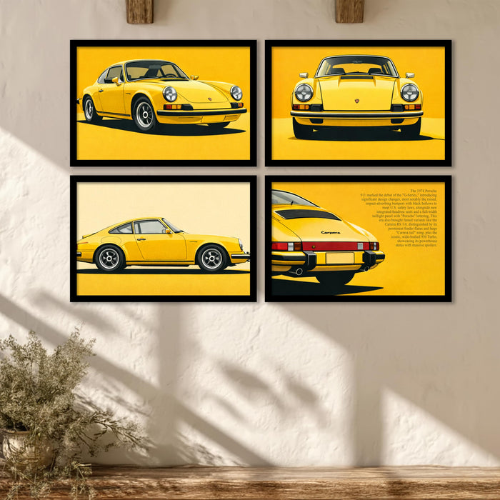 Porsche 911 Classic Framed Wall Art Painting Set of 4 | Retro Yellow Sports Car Illustration Prints for Living Room, Office & Studio Décor, 23x32 cm