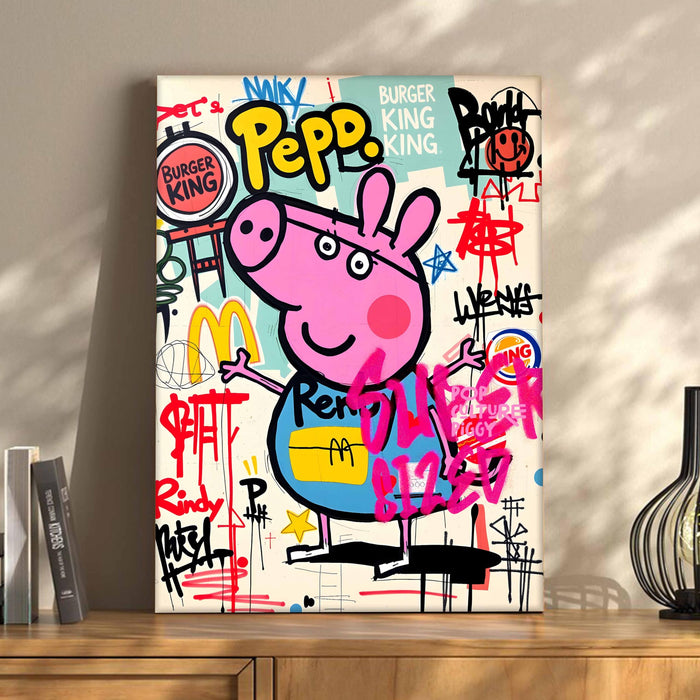 Cartoon Pig Graffiti Stretched Canvas Painting Print | Pop Art Street Style Wall Décor | Modern Abstract Canvas Art for Home & Office, 41x56 cm