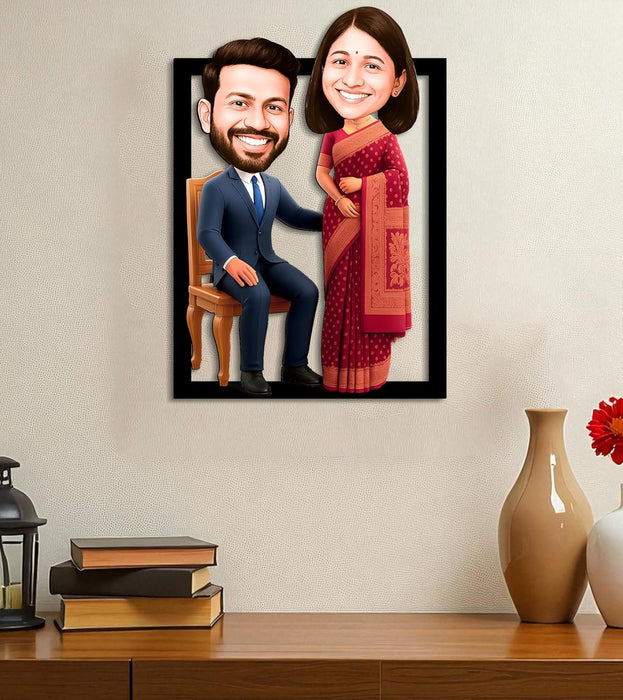 Customized Caricature Character Cartoon Photo Frame, MDF Wood Personalized Fantasy Anniversary Gift For Husband, Wife, Customised Gift For Friends & Family, Girlfriend, Boyfriend, Couples