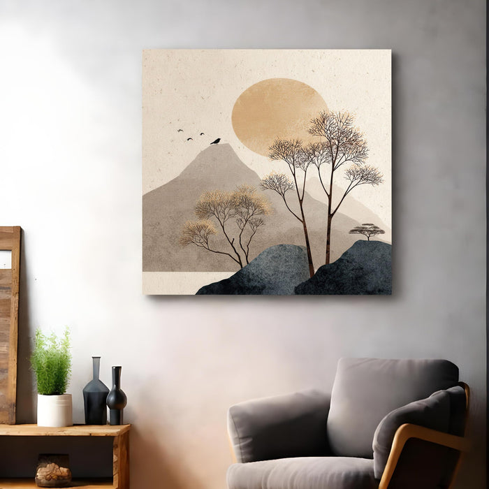 Japandi Minimalist Wall Art Painting for Living, Boho Minimalist Abstract Mountain Landscape with Golden Sun & Trees, Stretched Canvas Painting for Living Room, Bedroom & Office Decor (56xx56 cm)