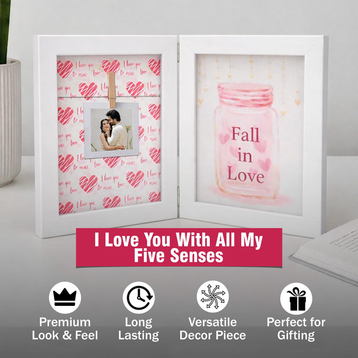 Greeting Card Photo Frame for Couples, Wooden Double Folding Love Photo Frame with Clip, Valentine’s Day Romantic Gift for Boyfriend, Girlfriend, Anniversary Wedding (5.2 x 7.2 Inch, White)