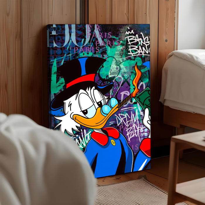Money & Success Pop Art Canvas Print, Street Style Millionaire Duck Cash, Modern Urban Decor for Office & Man Cave, Canvas print Ready to Hang - 56x86 cm