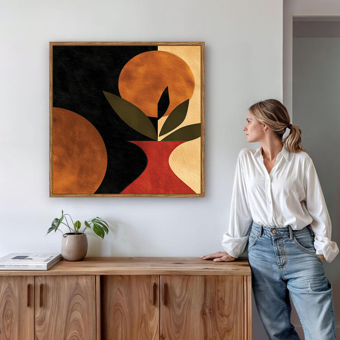 Boho Vase Botanical Framed Painting For Living Room | Abstract Plant and Sun Large Canvas Painting With Frame Wall Art For Bedroom, Hallway's, Office, Hotel, Size 58x58 cm