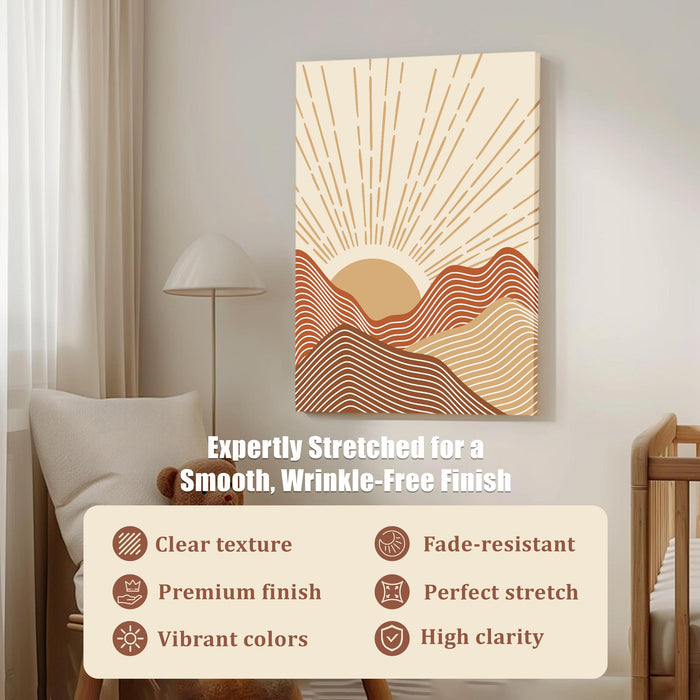 Abstract Sun Rise Mountains Stretched Canvas Wall Art Modern Boho Illustration Painting for Home & Office Wall Decor, (16x22 Inch)