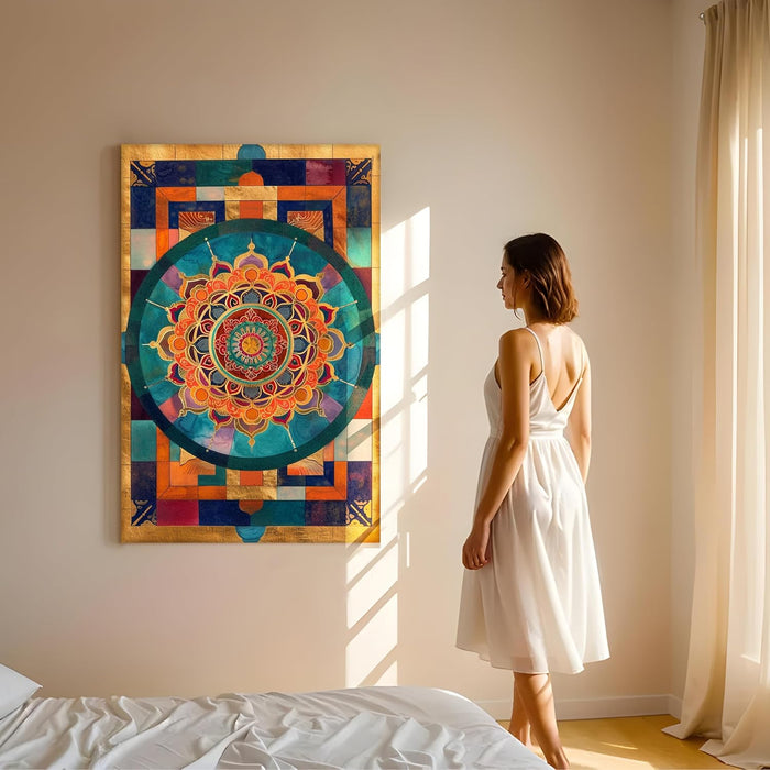 Abstract Multicolor Geometric Mandala Painting with Frame, Framed Canvas Paintings Stretched Canvas Wall Art 22x34 Inch