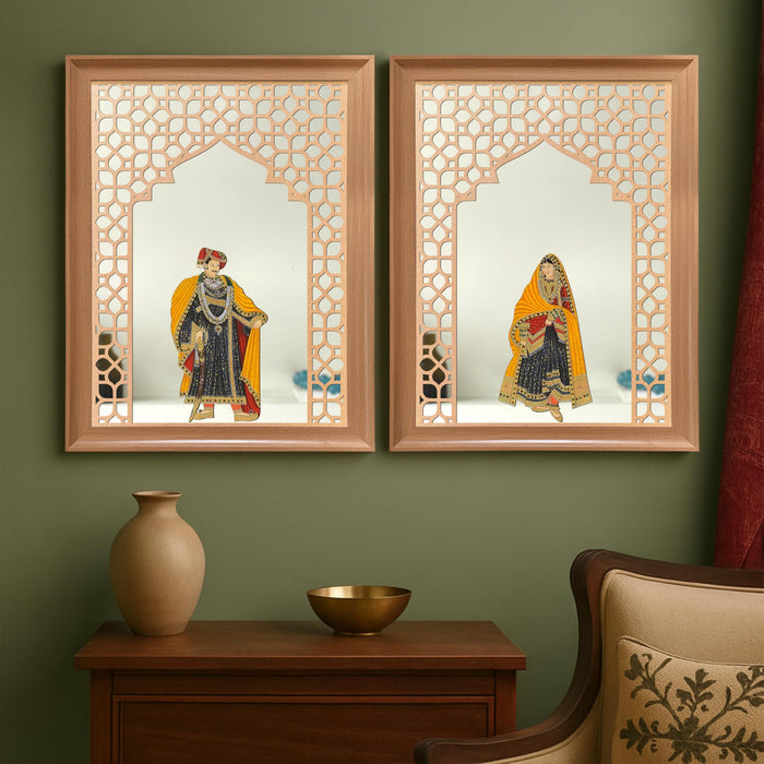 Art Street Pack of 2 Framed King and Queen Pichwai Art Jharokha Mirror Wall Decor Vastu Compliant Wall Hanging Mirror MDF Cutout Indian Traditional Ethnic for Living Room Bedroom 35x45 cm