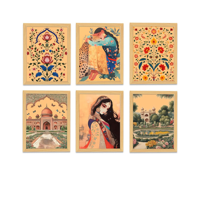 Madhubani Floral Mughal Garden Wall Art Prints With Frame For Home Décor Set of 6 (A4)