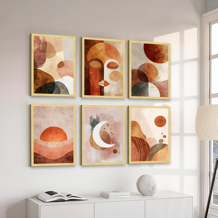 Botanical Abstract Framed Painting Wall Art Set of 6 |Modern Geometric Face, Sun & Moon Prints| Soft Neutral Tones | Engineered wood Frame Wall Décor, (Size: A3)