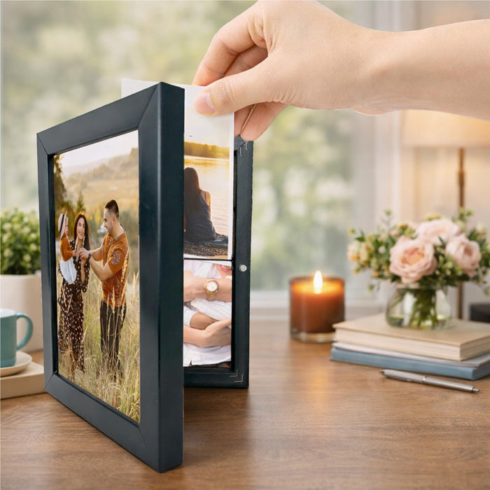 Art Street Black Photo Storage Box with Magnetic Closure, Picture Frame for 5x7 Photos, Foldable Image Storage Case with Elastic Strap, Tabletop and Wall Mount Display Frame, Size 15 x 20 cm