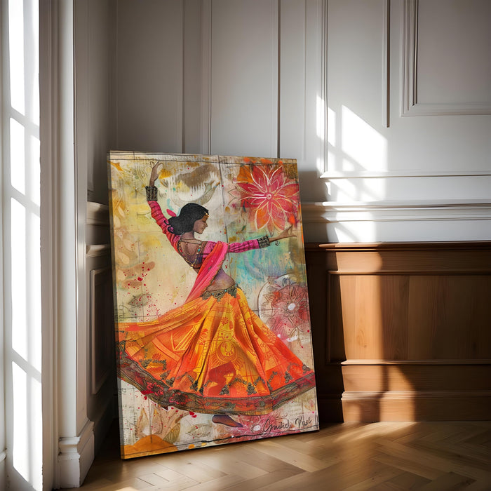 Large Stretched Canvas Painting, Panel Wall Art Print Lady Kathak Dance Framed Luxury Paintings for Home Décor (Orange, 22x34 Inch)