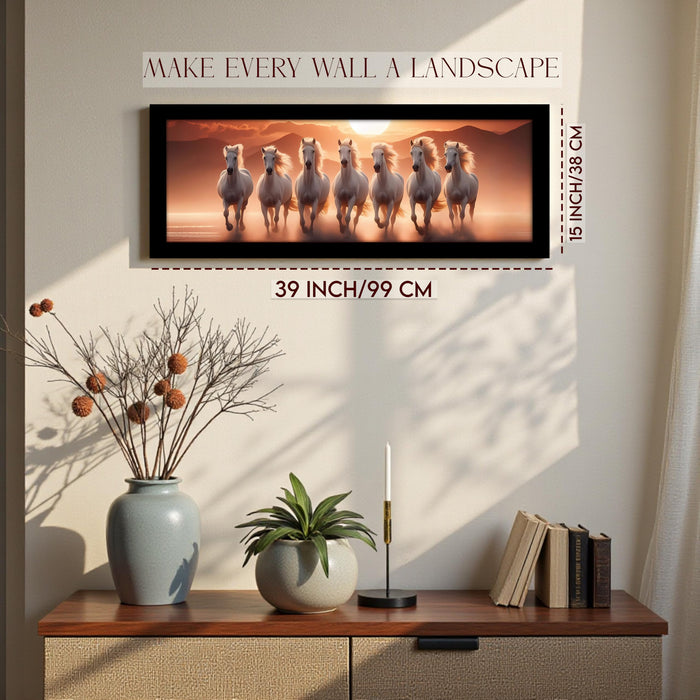 PAINTINGMANTRA Running Horse Vastu Modern Wall Art Framed Luxury Paintings for Home Decoration, Living room, Bedroom and Office Decoration (99x38 CM)