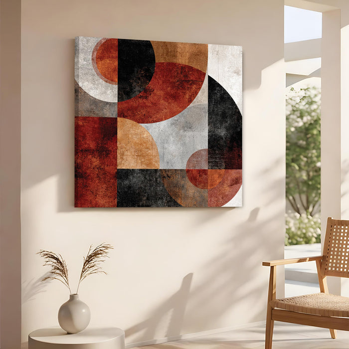 Modern Abstract Geometric Stretched Canvas Wall Art Painting For Living Room, Bauhaus-Inspired Rust, Terracotta & Black Circles Painting, Mid-Century Boho Decor for Living Room & Office (56xx56 cm)