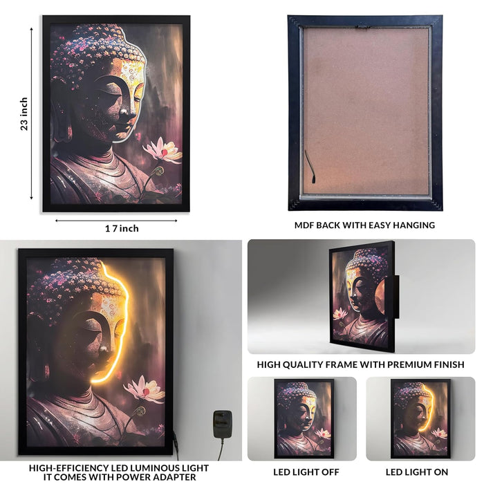 LED Buddha Wall Art Print with Wooden Frame, Feng Shui Vastu Wall Decor, Buddha Painting with LED Light - 43x58 cm
