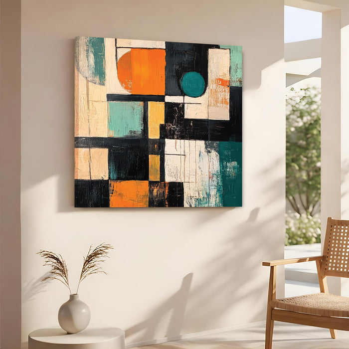 Modern Abstract Geometric Wall Art Painting For Living Room, Bold Orange, Teal & Black Shapes Stretched Canvas Wall Art Painting for Living Room, Office & Gallery Decor (56xx56 cm)