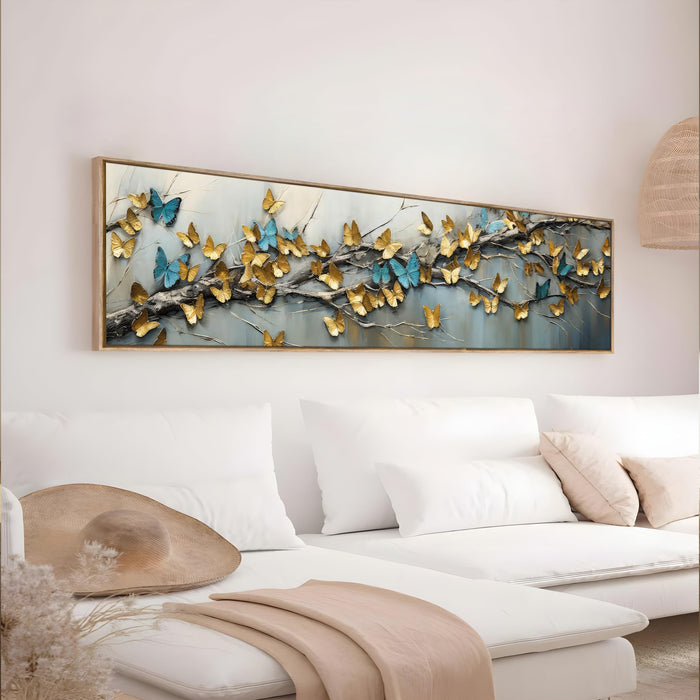 Large Canvas Painting Panel Framed Wall Art Print Blue and yellow Butterfly Framed Luxury Paintings for Home Decoration (Gold, 13x47 Inch)