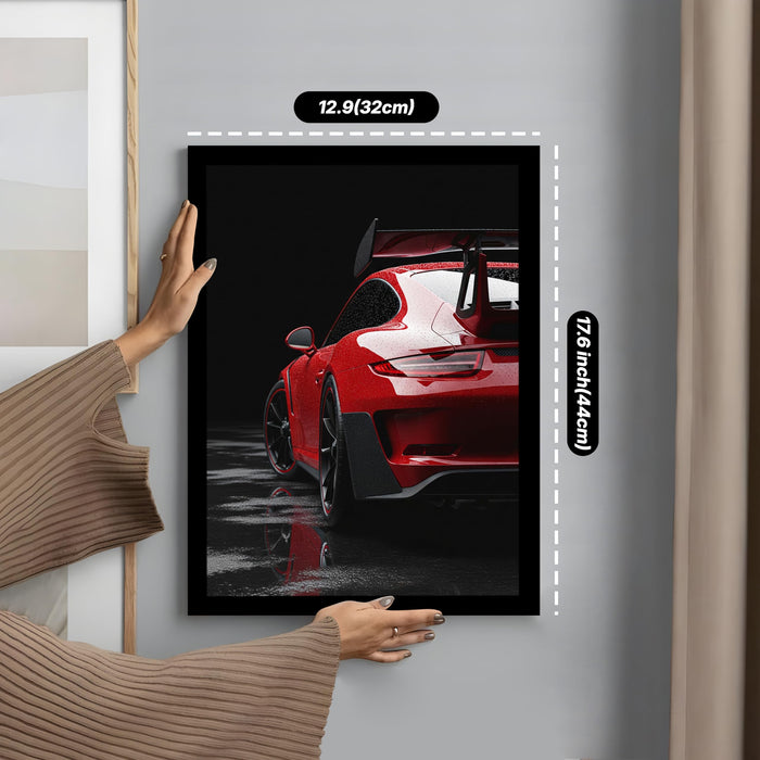 Automotive Motivational Framed Wall Art Print with Red Sports Car Illustration Prints, Retro Car Decor 32x44 cm