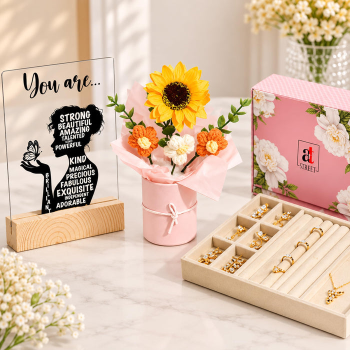 Art Street Rakshabandhan Gift Hamper for Sister with Elegant Crochet Flower Bouquet in Pink Pot, Acrylic Frame with Quote & Velvet Lined Jewelry Box