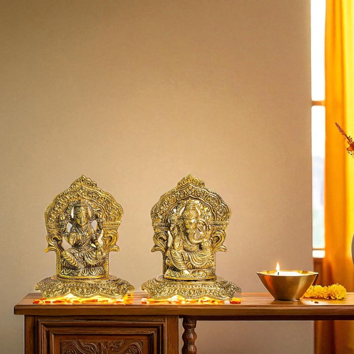 Metal Lakshmi and Ganesha Idols Set for Pooja Room Traditional Brass Finished Idol, Deepawali Decoration for Home, Lakshmi Ganesh Brass Finished Idol for Temple 12x13 cm