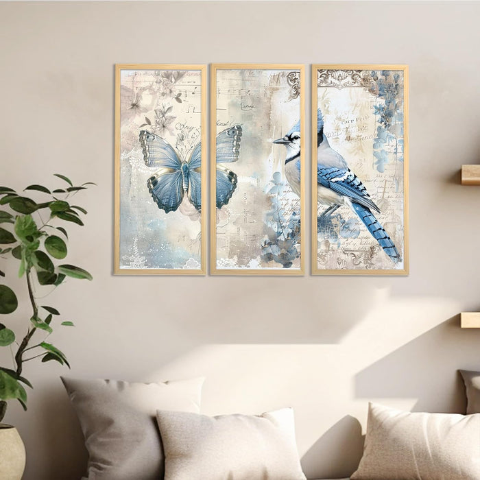 Butterfly and Hummingbird Floral Dictionary Wall Painting for Home, Engineered Wood Frame Large Wall Art (Set of 3, 8x18 Inch)