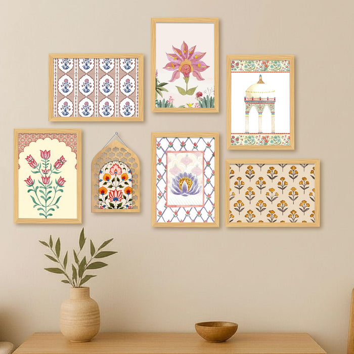 Indian Floral Framed Wall Art Set of 7 (1 MDF wall Hanging) – Mughal & Rajasthani Inspired Botanical Prints |Ethnic Wall Decor Framed Painting for Living Room & Bedroom, 9x13 Inch
