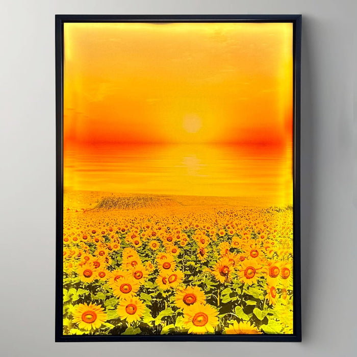 Framed Canvas Art Print with LED Light Canvas Wall Art, Sun and Field of Sunflower Painting with LED Decorative Wall Decor 43x58 cm