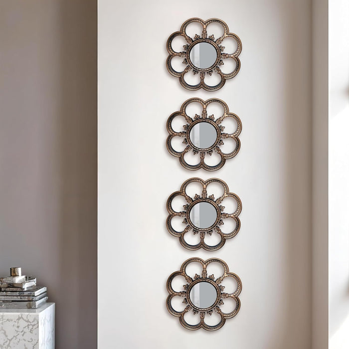 Beautiful Flower Shape Wall Mirrors Set of 4, Round Shape Bronze Decorative Wall Mirror (Bronze, Size -10 x 10 Inchs)