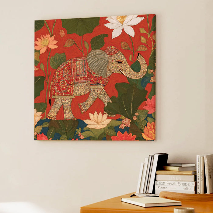 Elephant Vastu Art Stretched Canvas Painting For Living Room | Floral Madhubani Wall Art Large Canvas Painting For Livingroom Home Decor, Bedroom, Hallway's, Office, Hotel - 86x86 cm