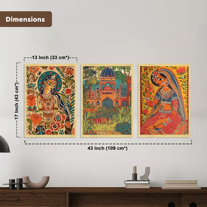Madhubani Art Print Set of 3 Indian Folk Painting for Home Décor with Vibrant Indian Artwork, Traditional Mithila Wall Art, Ethnic Decor, Wall Prints for Living Room 30x42 cm